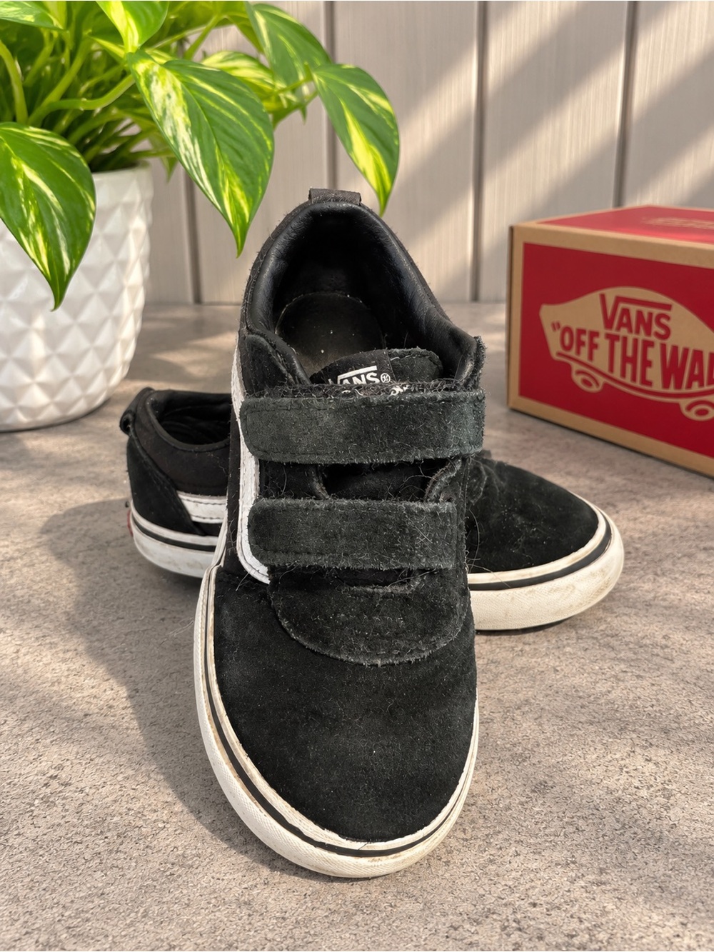 Vans Kids Black Suede Velcro Sneakers with White Side Stripe